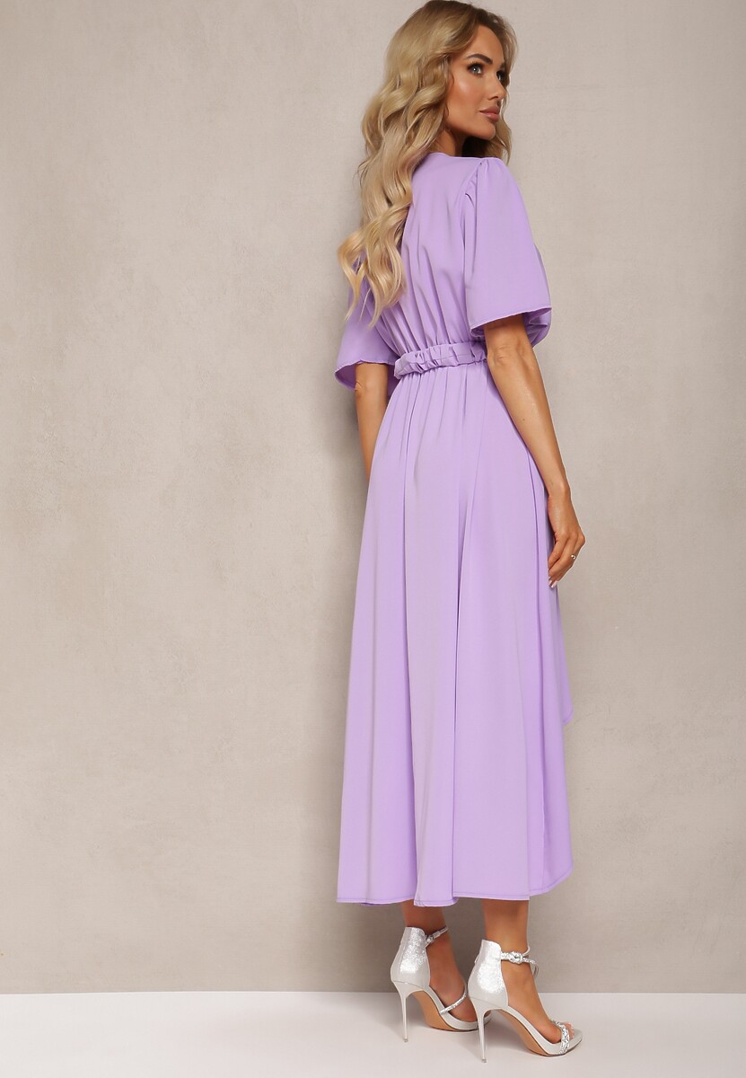 Fioletowa Sukienka o Kopertowym Kroju z Marszczoną Gumką i Paskiem w Talii Dariane