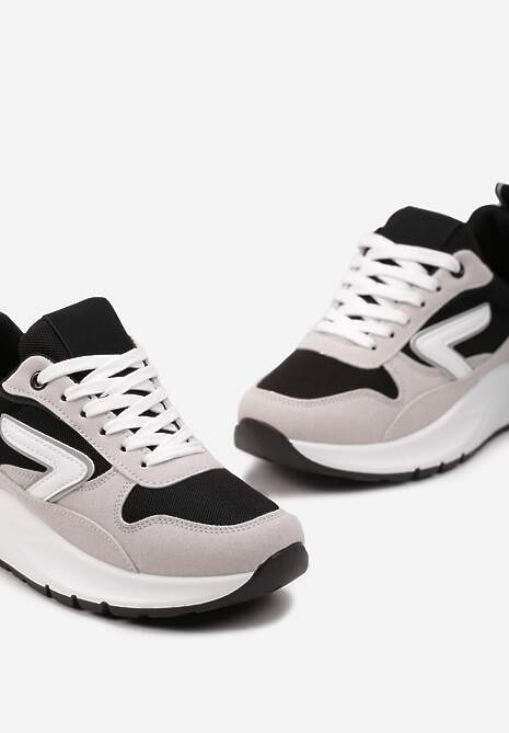 Czarno-Beżowe Sneakersy na Grubej Podeszwie z Materiałowymi Wstawkami i Ozdobnymi Przeszyciami Orbane