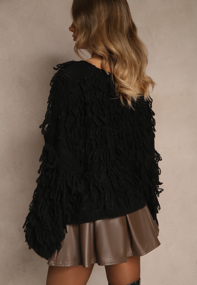 Czarny Kardigan z Wiązaniem i Frędzlami z Domieszką Wełny i Wiskozy Tiseana