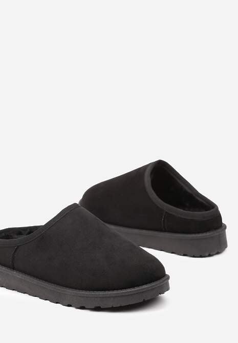 Czarne Casualowe Kapcie na Płaskiej Podeszwie z Futerkiem Peccaria