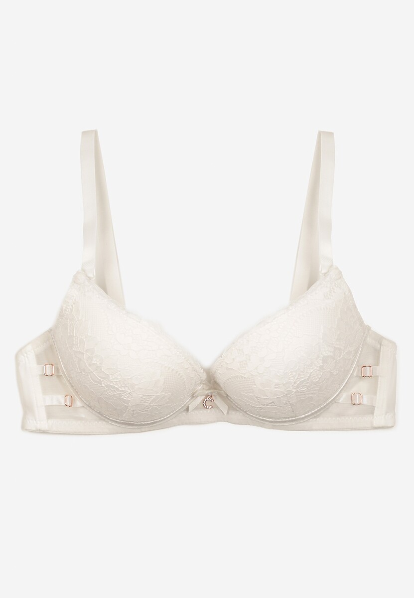 Kremowy Biustonosz z Regulowanymi Ramiączkami Zapinany na Haftki Ozdobiony Koronką Zloella