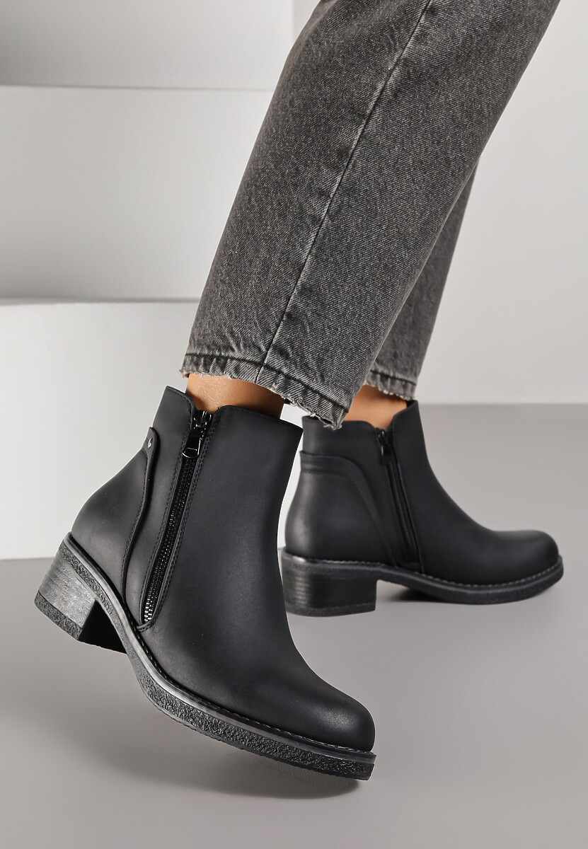 Czarne Botki z Niską Cholewką z Ozdobnym Suwakiem Ilonela