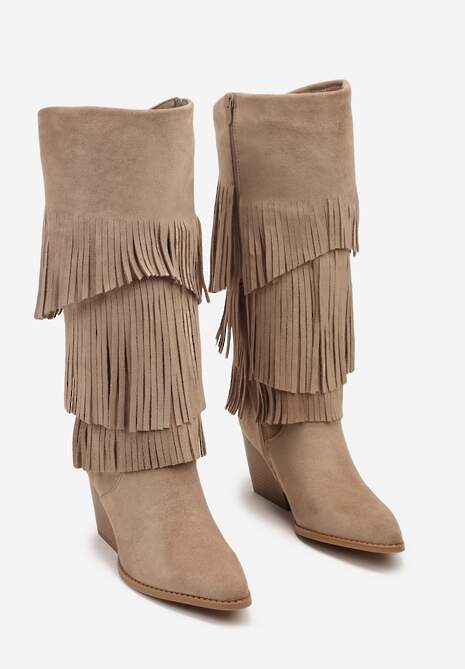 Ciemnobeżowe Kozaki Kowbojki na Stożku Ozdobione Frędzlami Giolanda