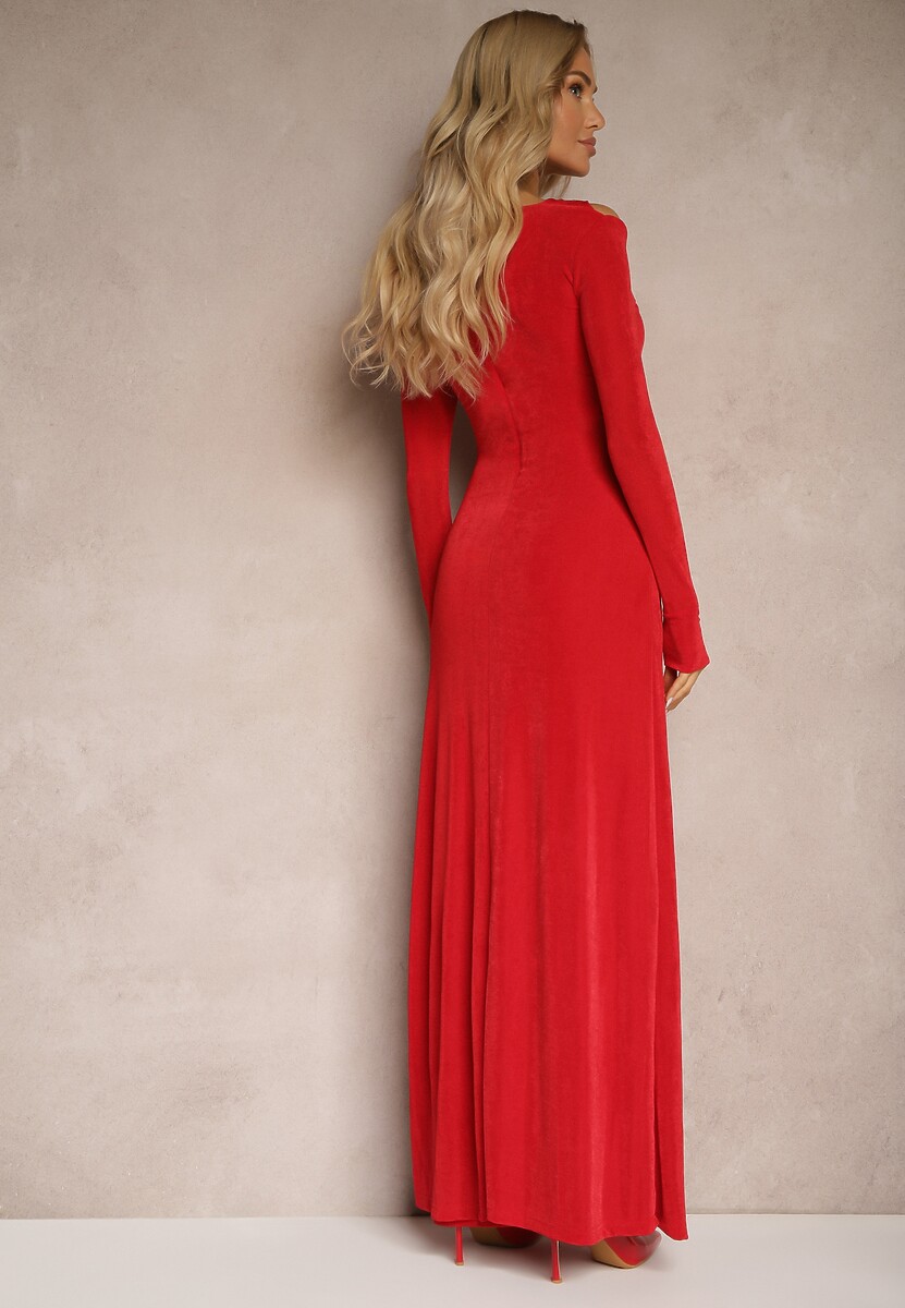 Czerwona Długa Sukienka z Symetrycznymi Marszczeniami Przy Dekolcie Neriani