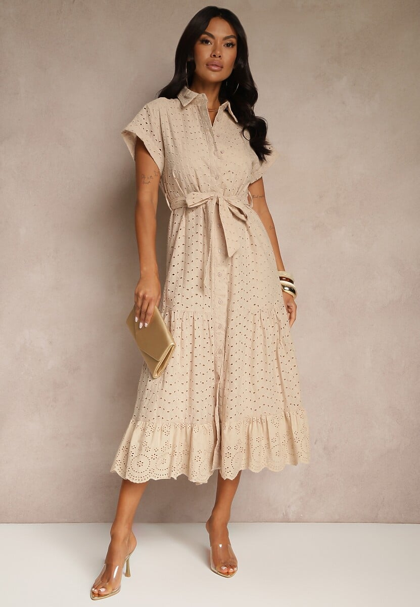 Biała Koszulowa Sukienka z Ażurowej Bawełny Wiązana w Talii Lulilena