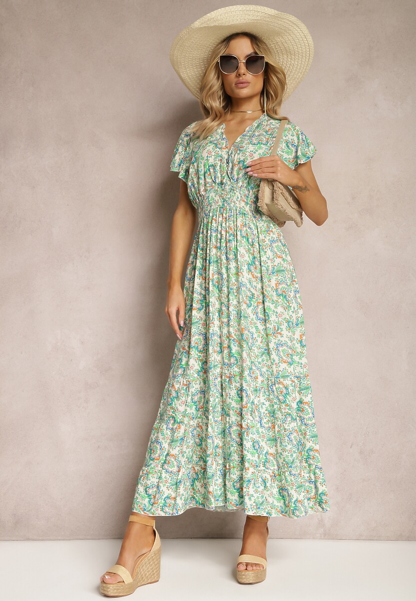 Jasnozielona Bawełniana Sukienka na Lato z Gumką w Talii i Delikatnymi Falbankami Gloriassa