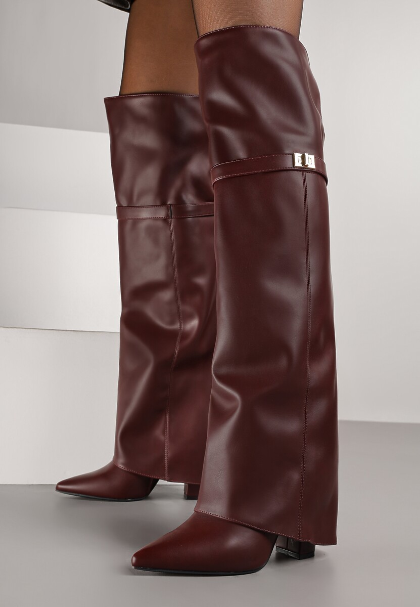 Bordowe Eleganckie Kozaki za Kolano z Cholewką Imitującą Nogawkę Zenesseria