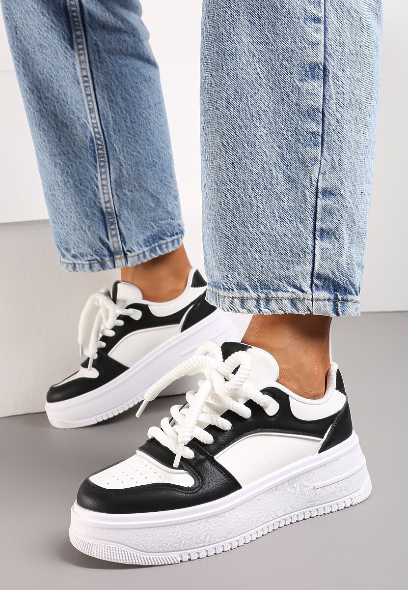Biało-Czarne Sneakersy z Cholewką z Licznymi Wstawkami na Grubej Podeszwie Lenarise