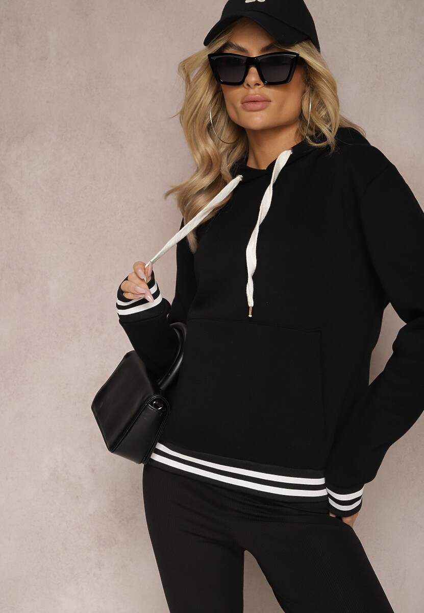 Czarna Bluza Kangurka z Bawełny ze Ściągaczami w Paski i Kapturem Gaiana