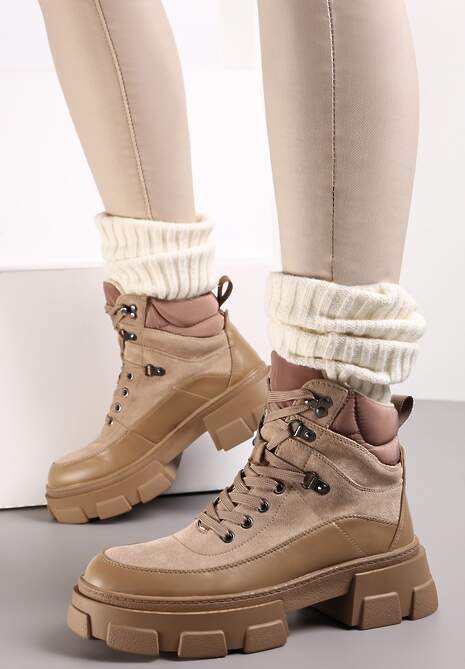 Ciemnobeżowe Traperki na Masywnej Podeszwie w Stylu Workerów Vodre