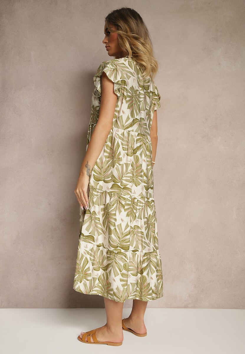 Ciemnozielona Rozkloszowana Sukienka z Wiskozą Zdobiona Roślinnym Printem Galmoi