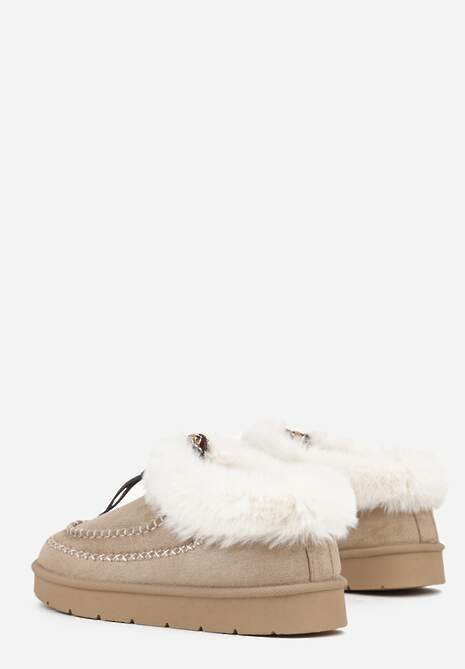 Ciemnobeżowe Śniegowce na Platformie Ozdobione Haftem i Futerkiem Linedis