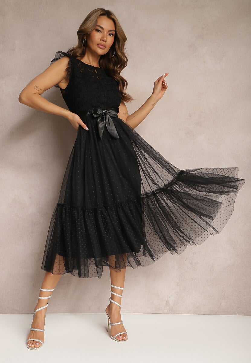 Czarna Taliowana Sukienka z Tiulową Spódnicą i Górą z Koronki Darela