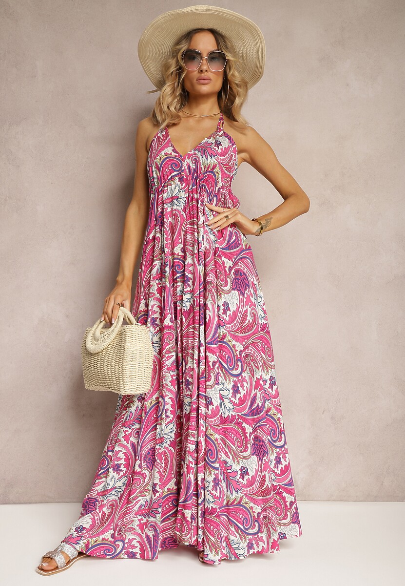 Różowa Sukienka z Wiskozy Wiązana na Szyi ze Ściągaczem pod Biustem Xerbia