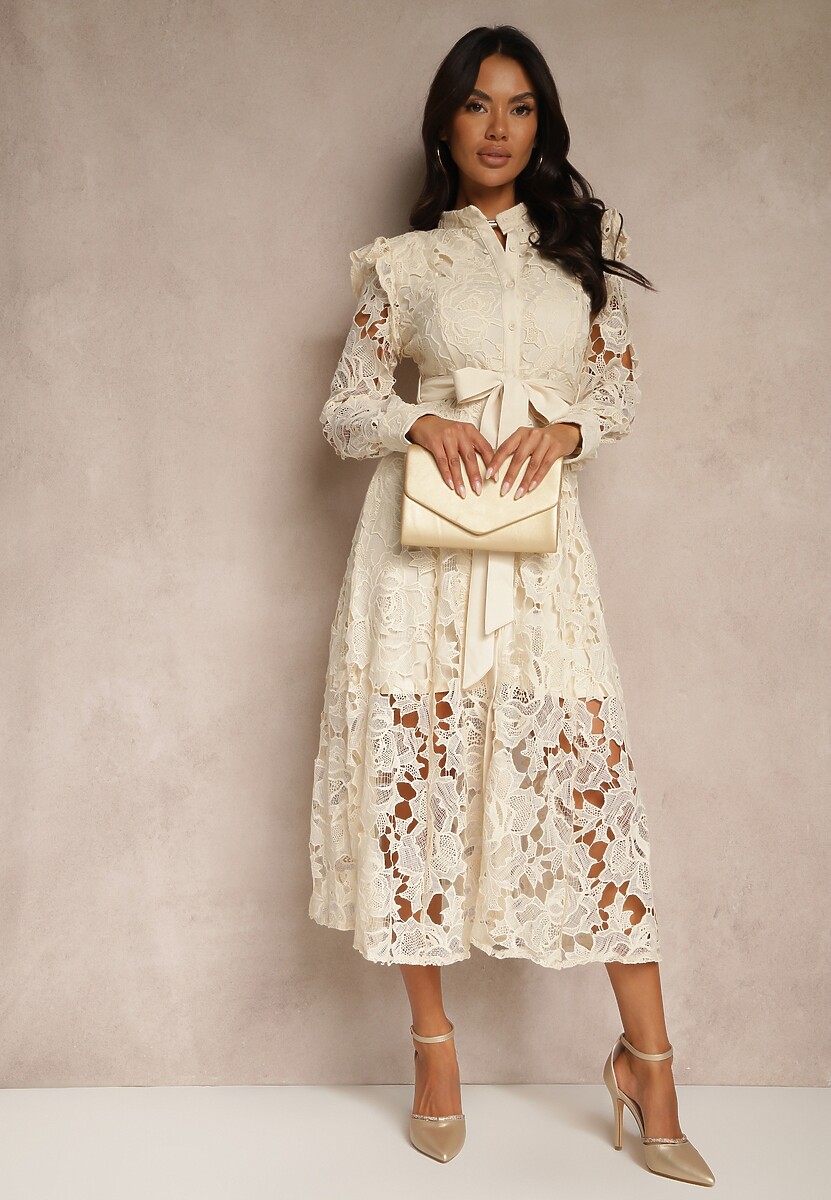 Biała Rozkloszowana Sukienka o Koszulowym Fasonie z Falbanką i Koronką Caramia