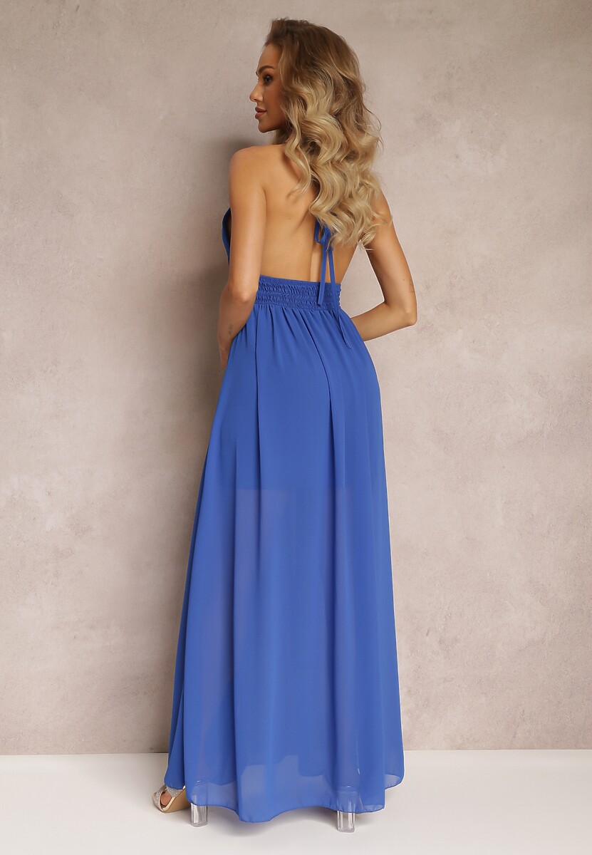 Granatowa Sukienka Maxi Wiązana na Szyi z Gumką w Talii i Rozkloszowanym Dołem Amyli