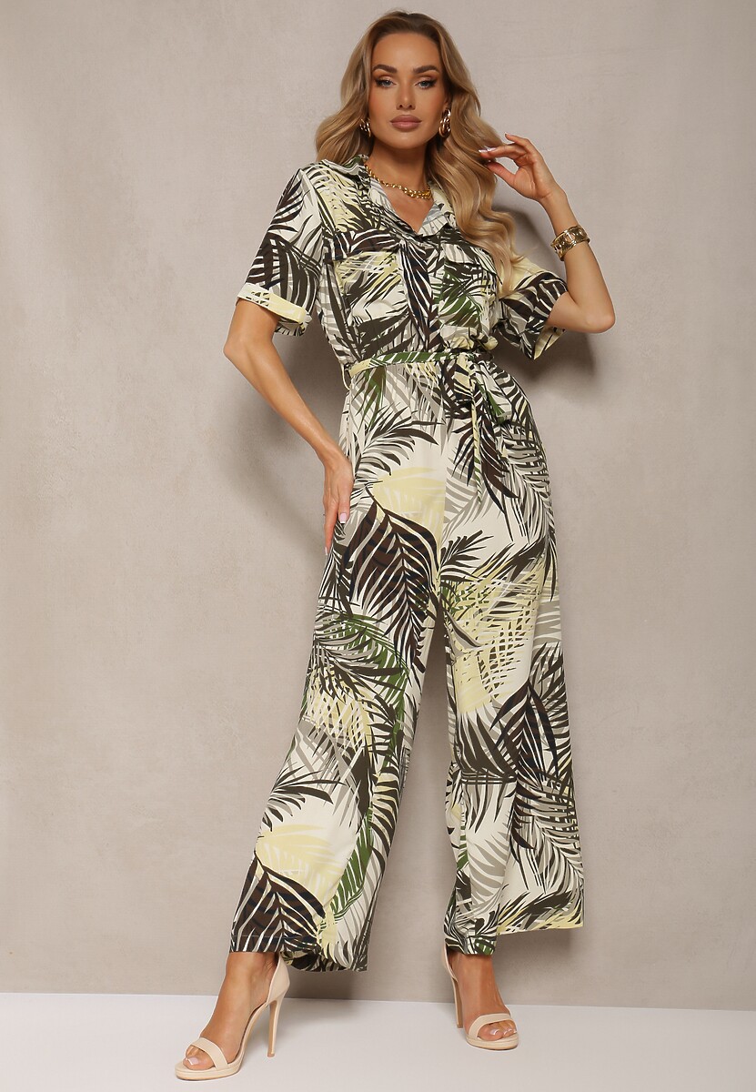 Zielono-Beżowy Kombinezon z Krótkim Rękawem z Gumką w Talii i Materiałowym Paskiem Efilove