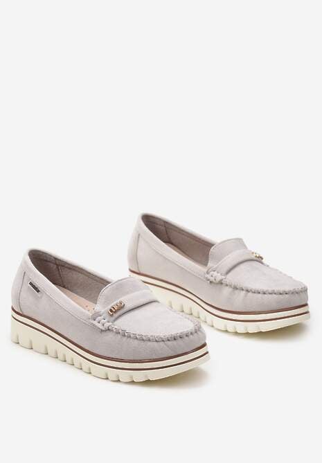 Szare Mokasyny ze Skórzaną Wkładką na Podeszwie w Paski z Cyrkoniami i Marszczeniem Dilema