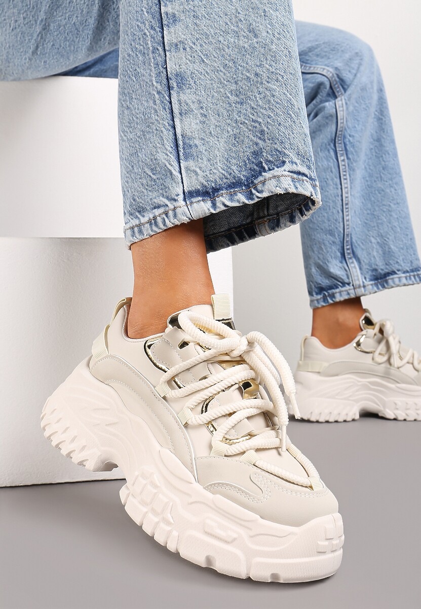 Ciemnobeżowe Sneakersy z Podwójnymi Sznurówkami i Tłoczoną Platformą Luppoa