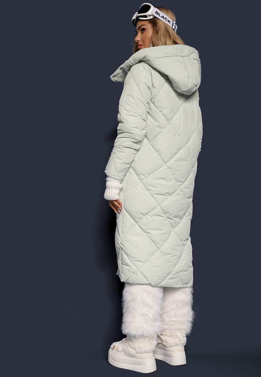 Jasnozielona Pikowana Kurtka Płaszcz za Kolano z Kapturem Kinassan