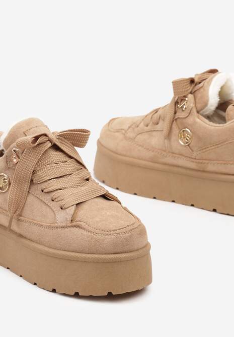 Ciemnobeżowe Sneakersy z Ekozamszu na Grubej Podeszwie Wyściełane Futerkiem Senavel