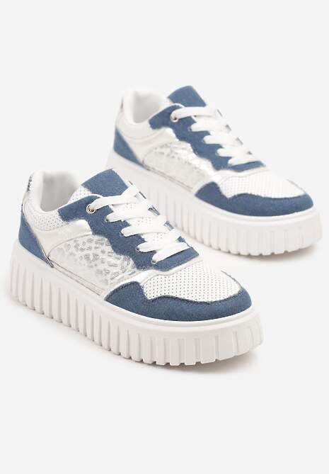 Niebiesko-Białe Sneakersy na Platformie z Tłoczeniami Zdobione Panterkowym Printem Herraza