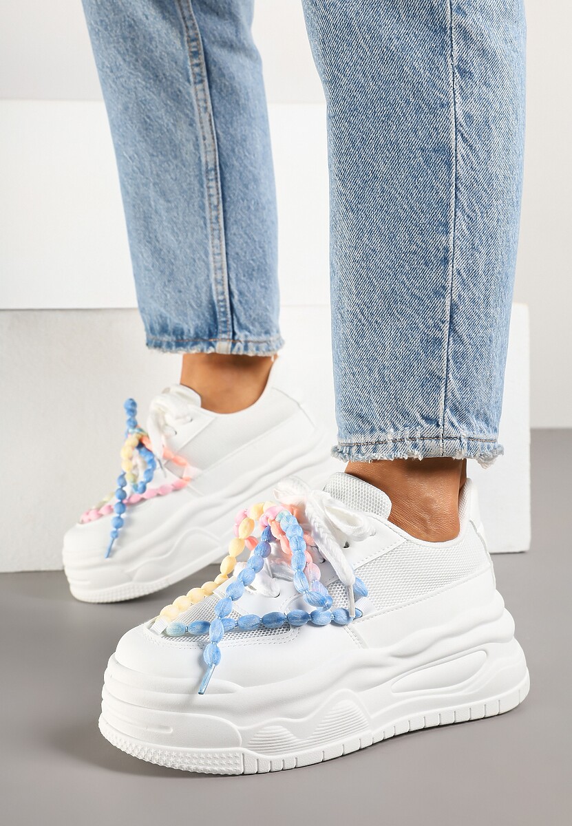 Białe Sneakersy na Platformie z Koralikami Amovanna
