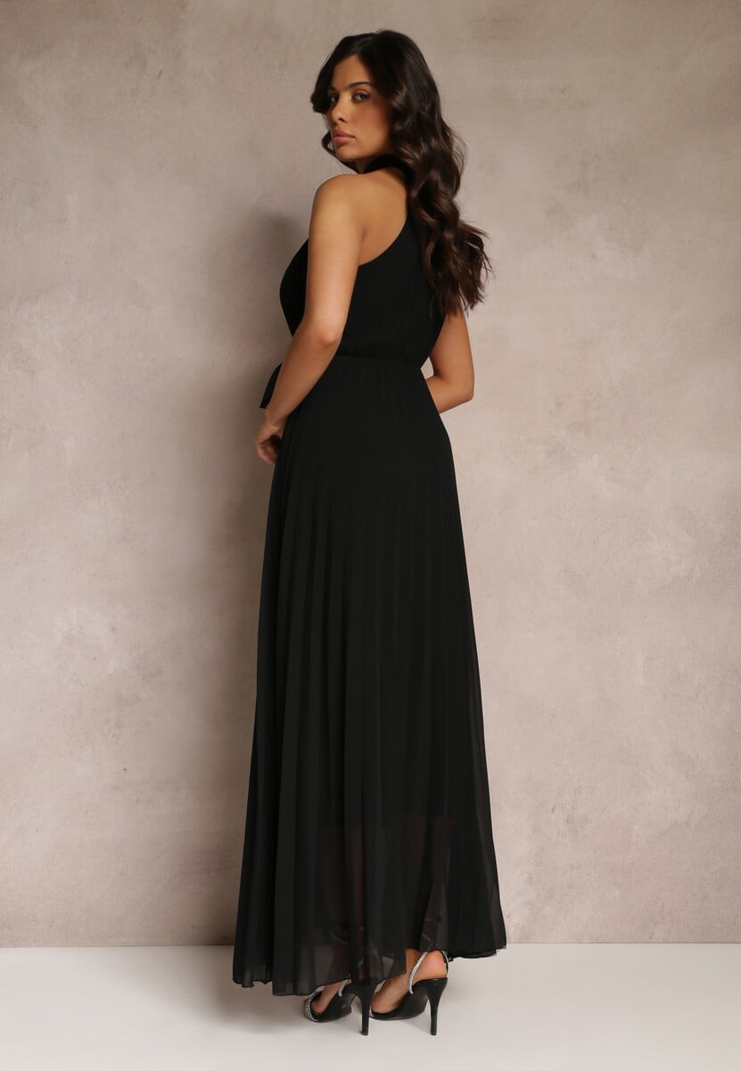 Czarna Sukienka Maxi bez Rękawów z Gumką w Talii z Plisowanej Tkaniny Pesstia