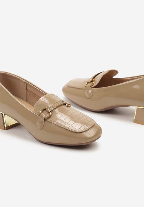 Ciemnobeżowe Lakierowane Półbuty na Słupkowym Obcasie z Klamerką i Cyrkoniami Iloenni