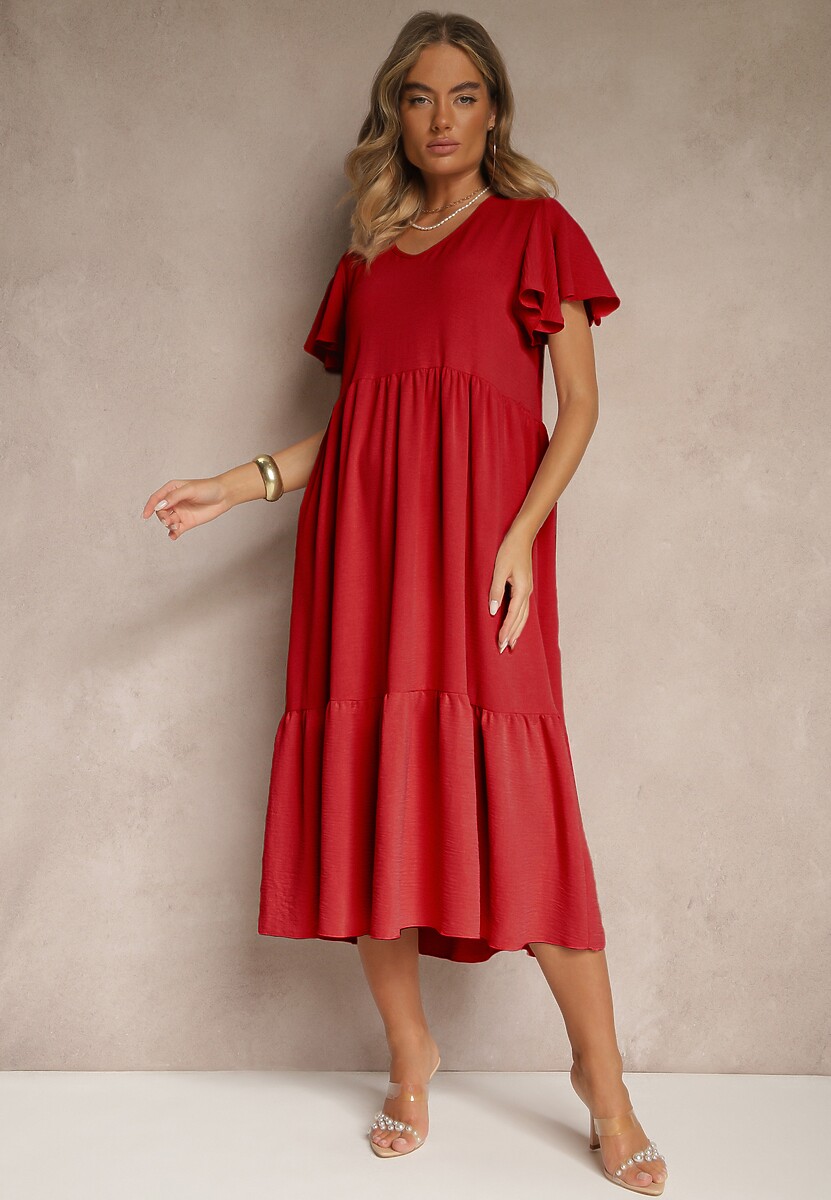 Czerwona Rozkloszowana Sukienka z Wiskozą w Casualowym Stylu Filarenna