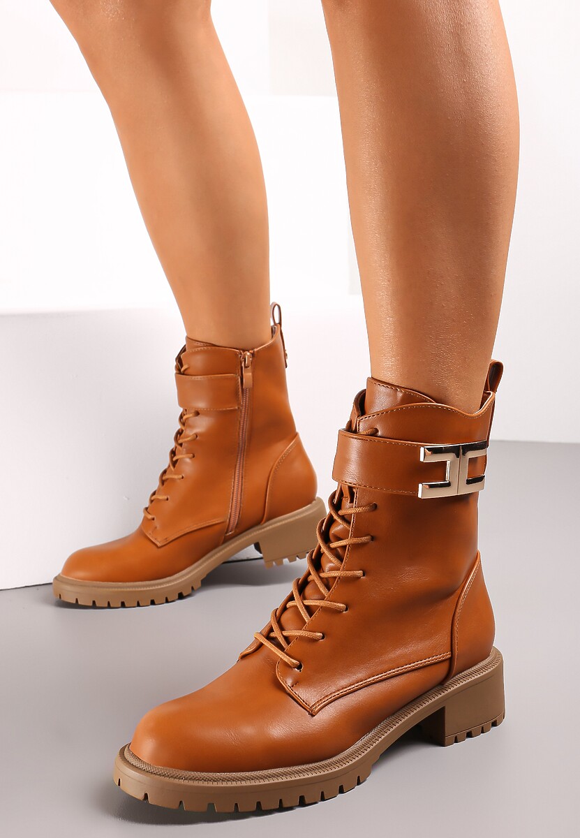 Brązowe Botki za Kostkę z Sznurowaniem Kabiva