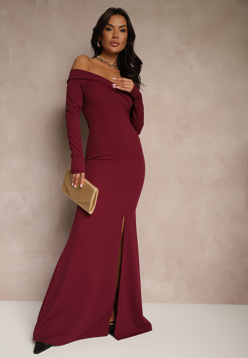 Fioletowa Rozkloszowana Sukienka Hiszpanka o Dopasowanym Kroju z Rozcięciem Tamirell