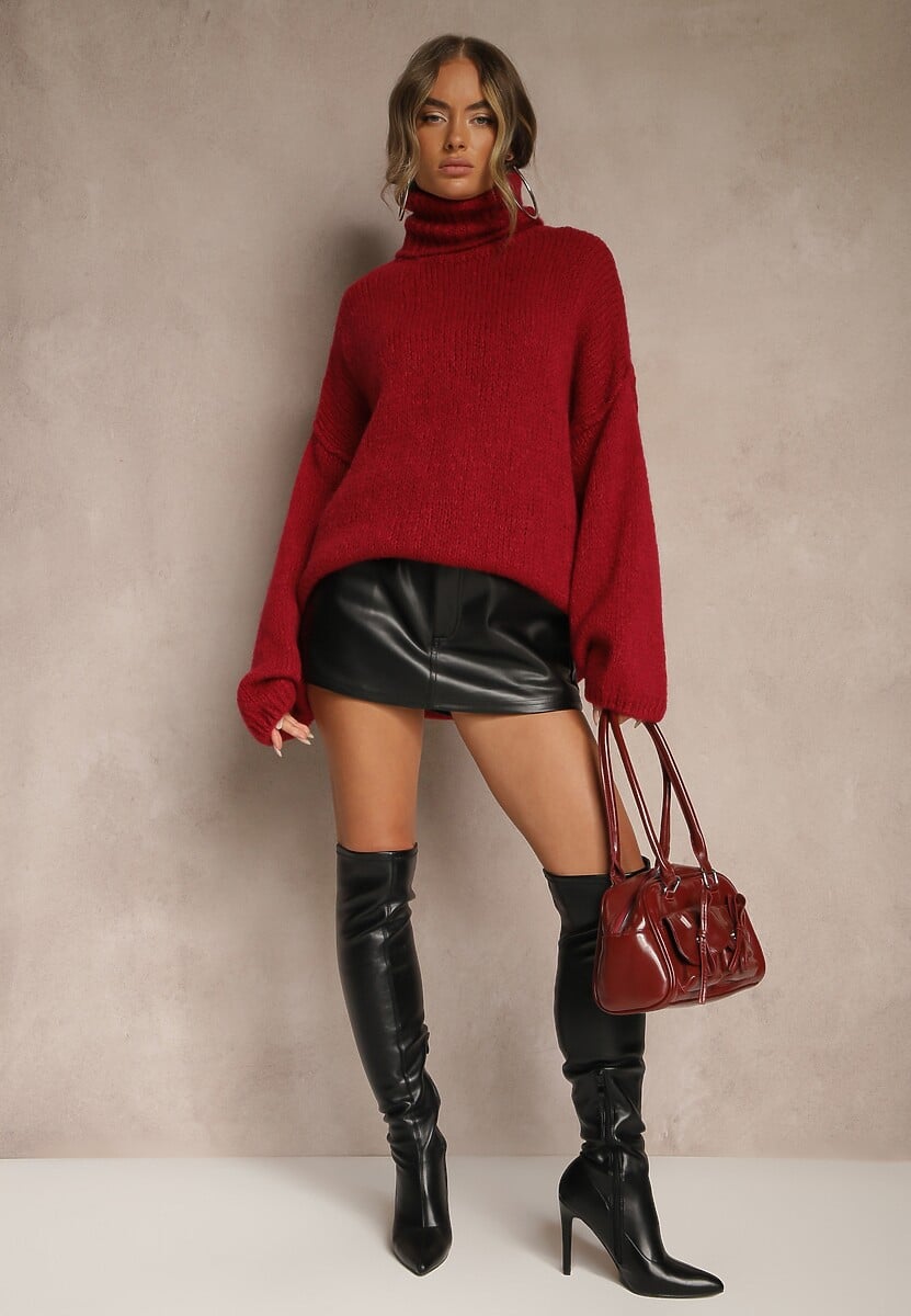 Bordowy Golf o Kroju Oversize z Wełną i Moherem Temirali