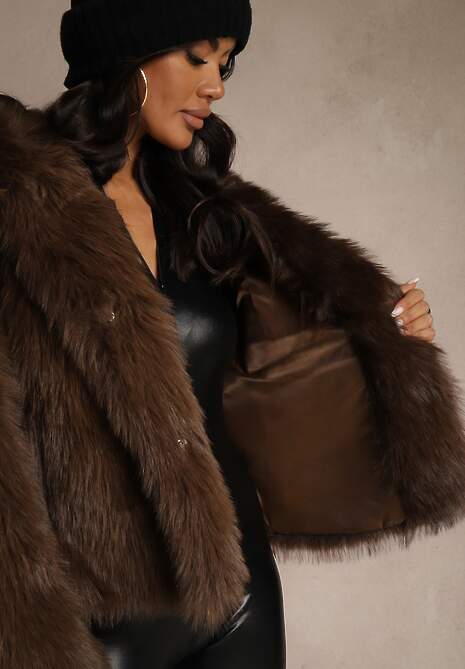 Brązowa Kurtka Futerko z Nieodpinanym Kapturem Tusnema