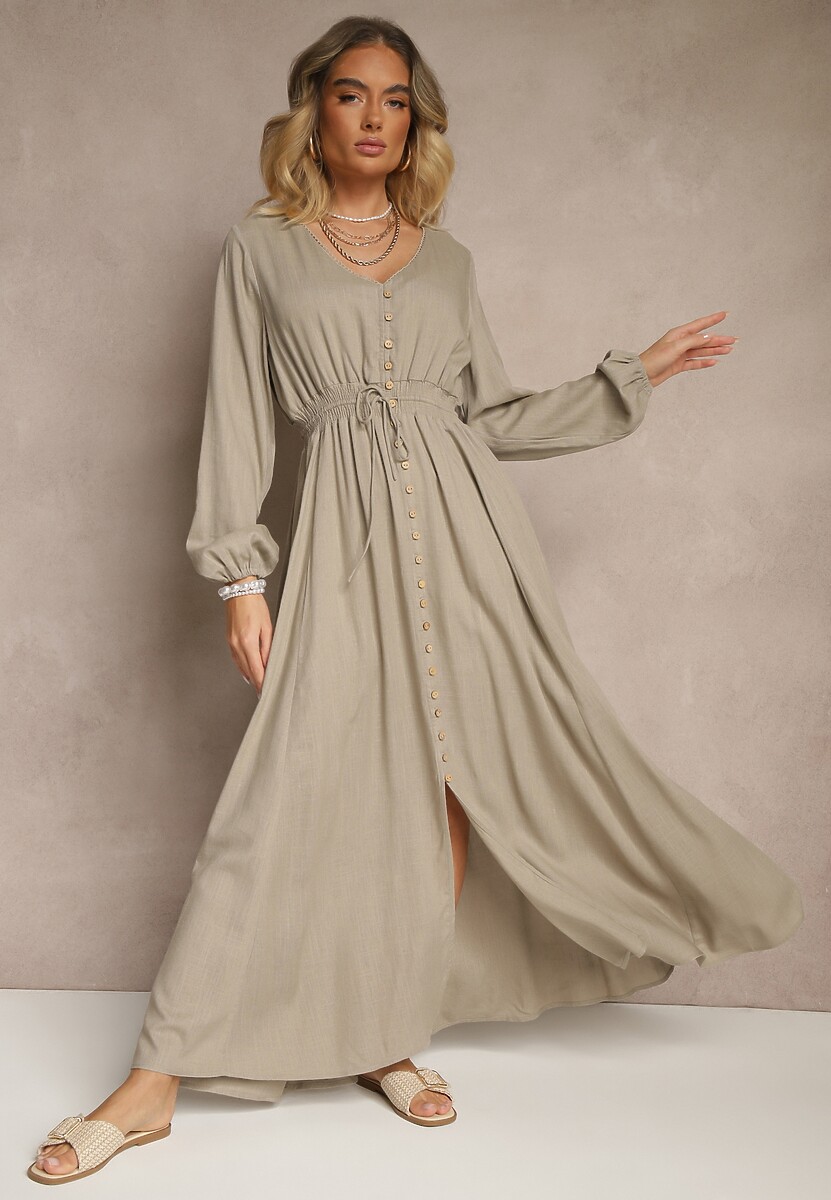Beżowa Sukienka z Lnem i Wiskozą o Rozkloszowanym Kroju z Ozdobnymi Guzikami Maitena