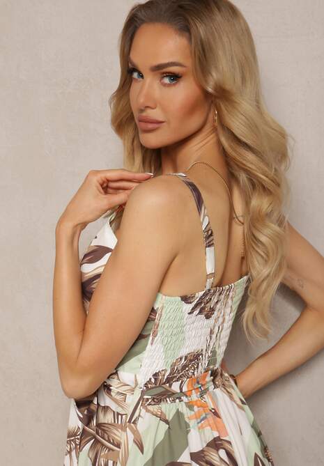 Jasnozielona Kopertowa Sukienka Rozkloszowana z Florystycznym Printem i Cienkimi Ramiączkami Jasara