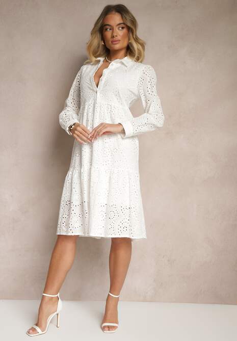 Biała Koszulowa Sukienka z Bawełny z Ażurowym Zdobieniem Ridioriana