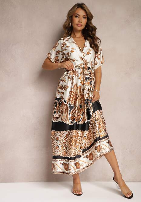 Czarno-Kremowa Kopertowa Sukienka Maxi z Gumką w Talii i Rozkloszowanym Dołem Jeanina