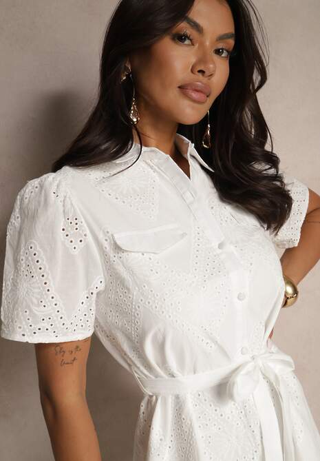 Biała Bawełniana Sukienka Ozdobiona Paskiem i Haftem Eleamelis