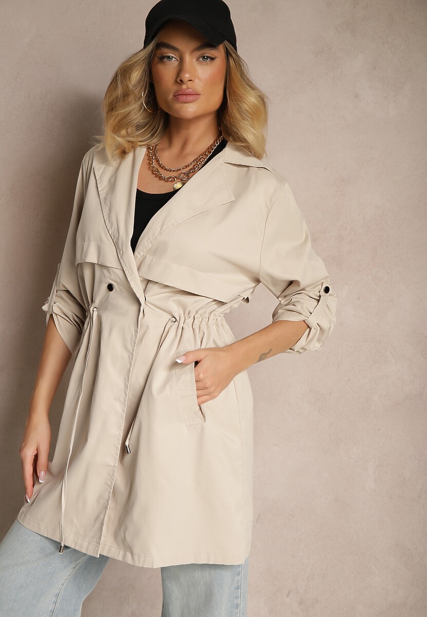 Beżowa Kurtka w Stylu Parki z Troczkiem w Talii i Wywiniętym Kołnierzykiem Vetaipa
