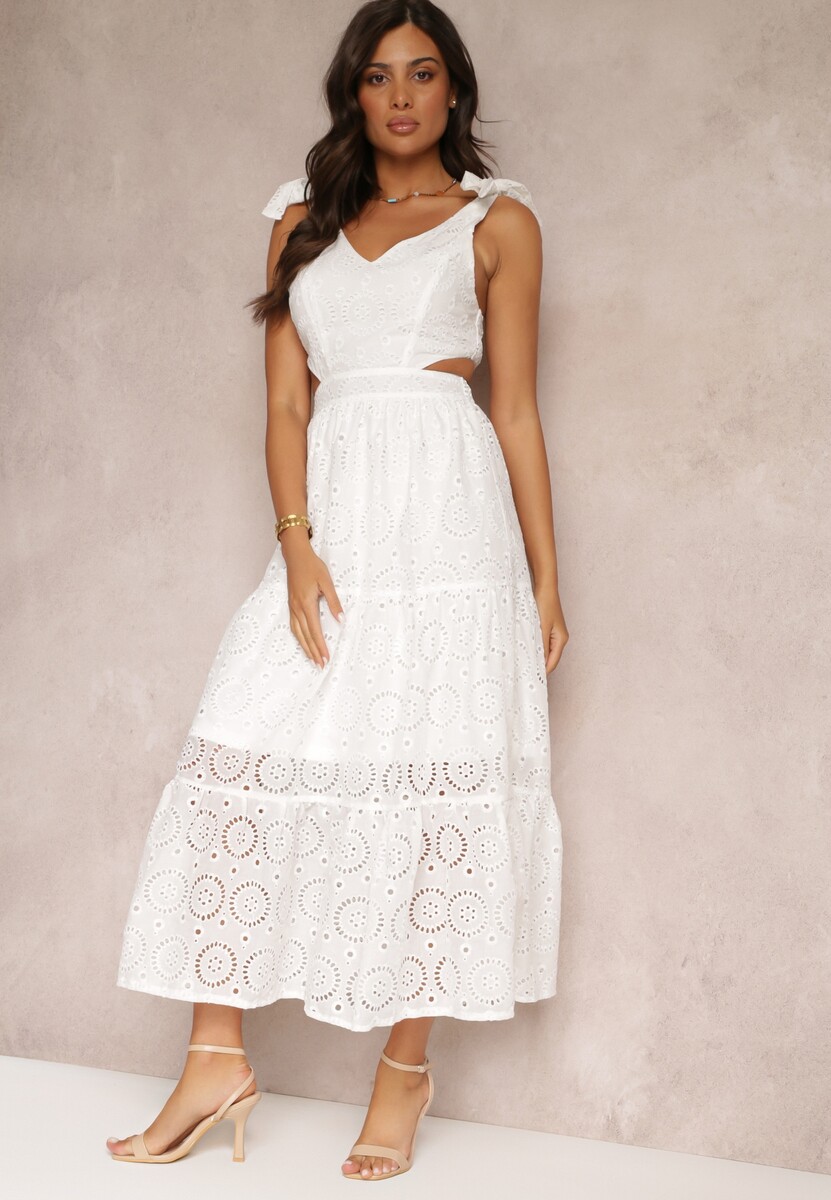 Biała Haftowana Sukienka Maxi na Ramiączkach z Wycięciami Nalila