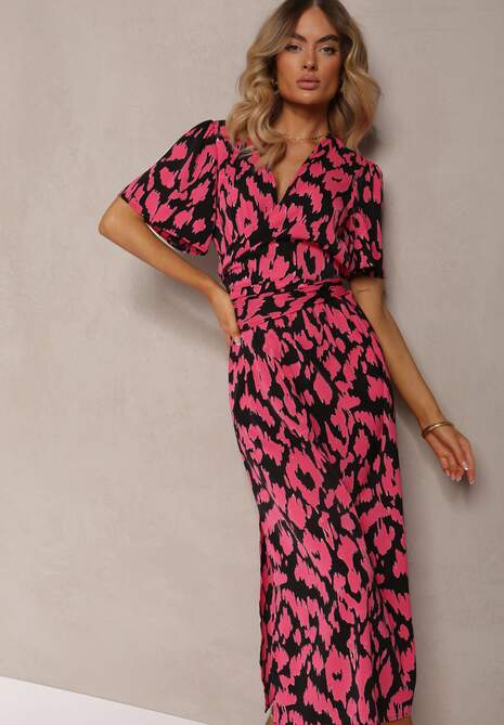 Czarno-Różowa Sukienka z Kopertowym Dekoltem i Ozdobnymi Wycięciami z Gumką w Pasie i Paskiem Bonlea