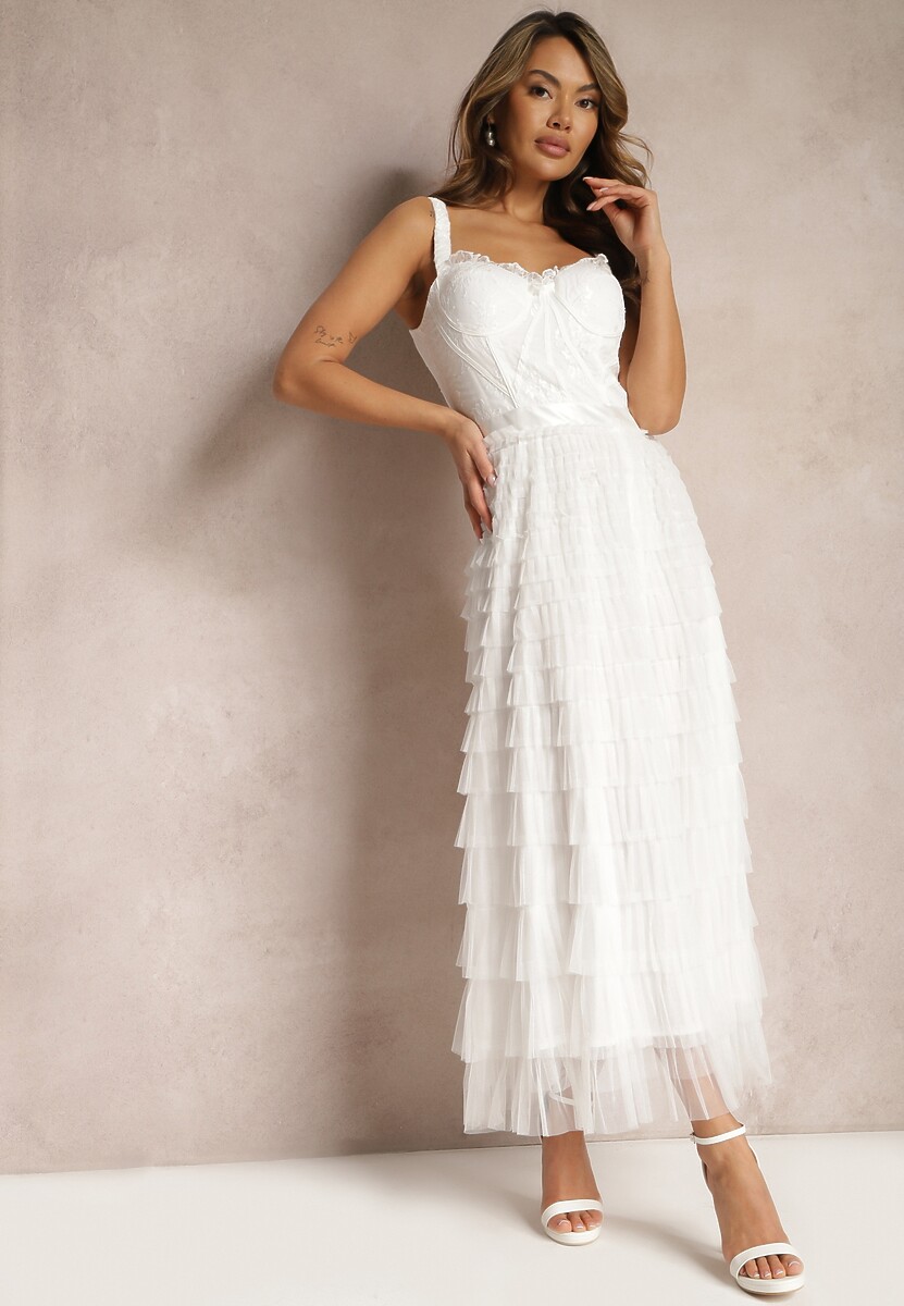 Jasnobeżowa Maxi Sukienka Rozkloszowana Sukienka na Ramiączkach z Gorsetową Górą Ocartia