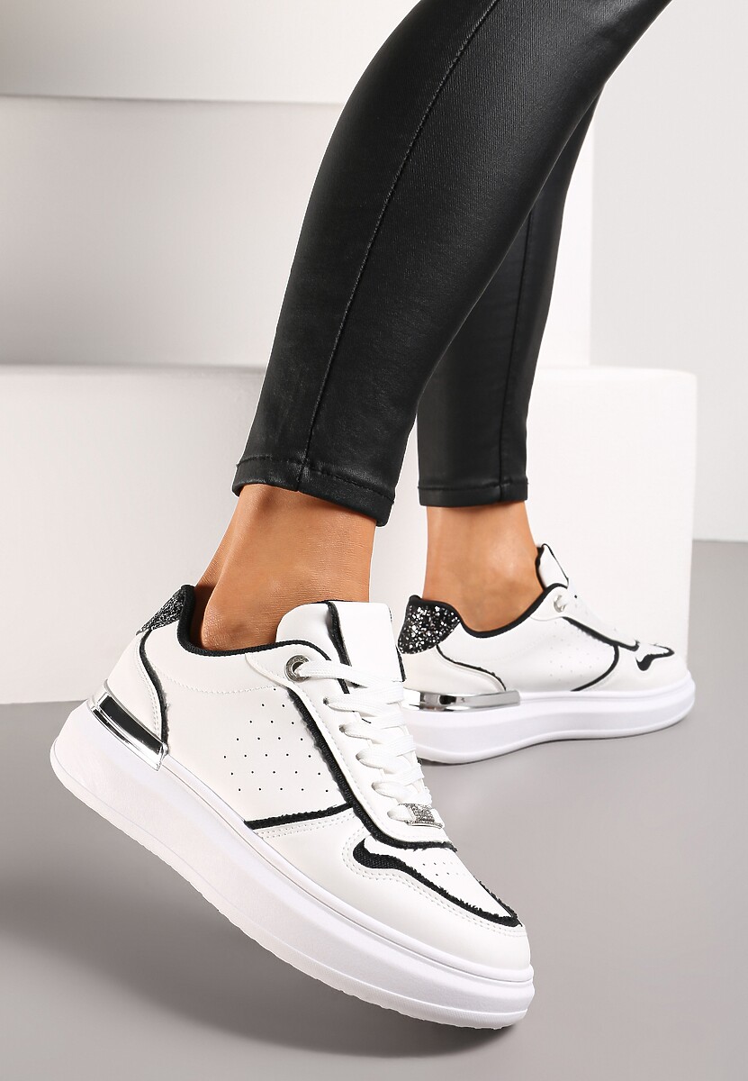 Biało-Czarne Sneakersy na Platformie Ozdobione Brokatem i Metaliczną Wstawką Mexia