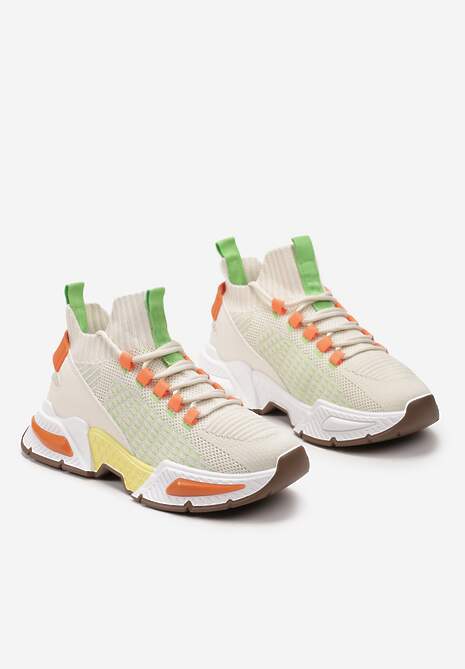 Beżowe Sneakersy Sportowe na Grubej Podeszwie ze Skarpetkową Cholewką Xille