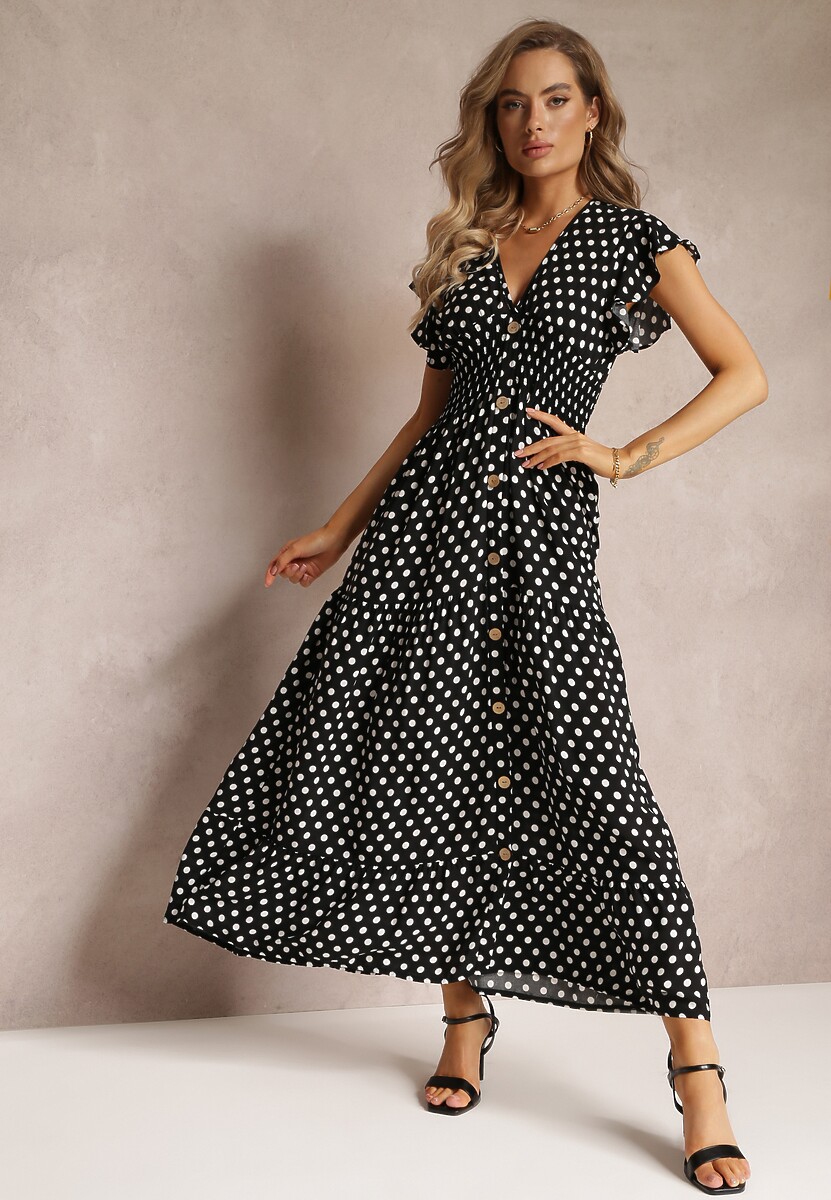 Czarna Rozkloszowana Sukienka Maxi w Kropki z Gumką w Talii Janey