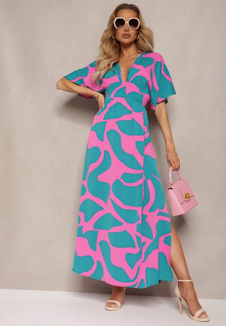 Niebiesko-Różowa Rozkloszowana Sukienka z Gumką w Talii i Rozcięciami Fienda