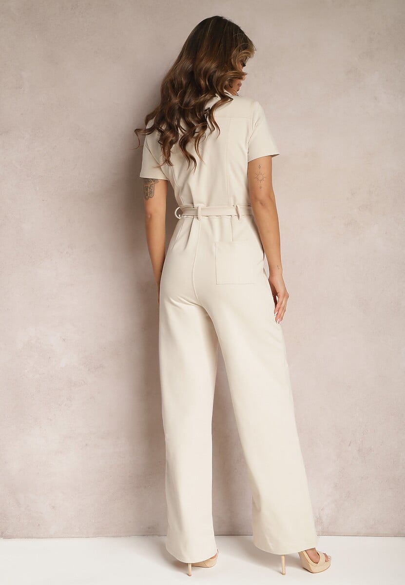 Jasnobeżowy Kombinezon z Elastycznej Bawełny z Suwakiem i Wiązanym Paskiem Ecatra