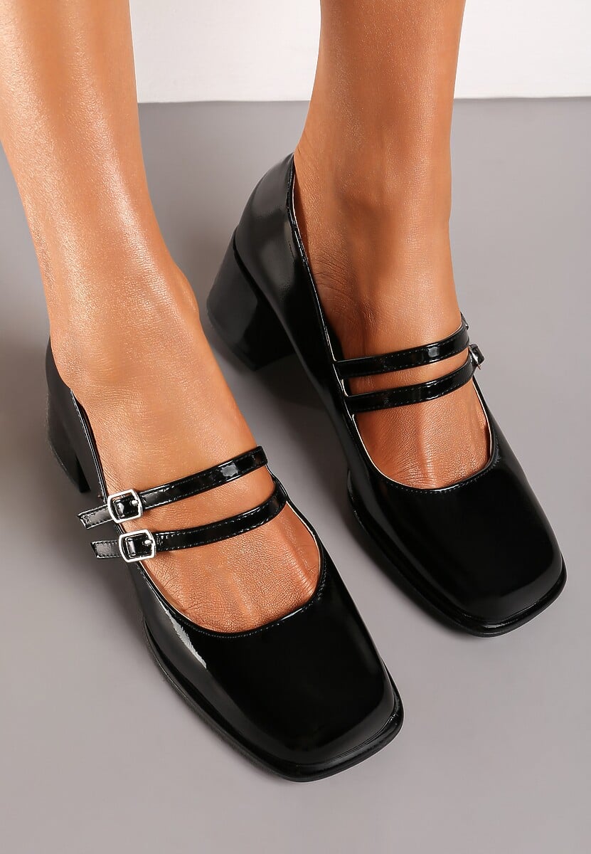 Czarne Czółenka z Lakierowanej Ekoskóry na Słupku ze Sprzączkami Danida