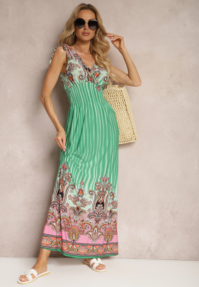 Zielono-Brązowa Rozkloszowana Sukienka z Trójkątnym Dekoltem i Ściągaczami w Ramionach Aneapmia